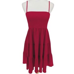 Pinch Smocked Tiered Gauze Mini Dress Womens S Red Sundress Cottage Party Chic
